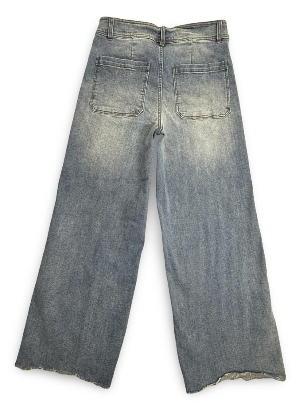 OAT New York Wide Leg High Rise Jeans Womens 10 Blue Boho Raw Hem Stretch Denim - Picture 2 of 9